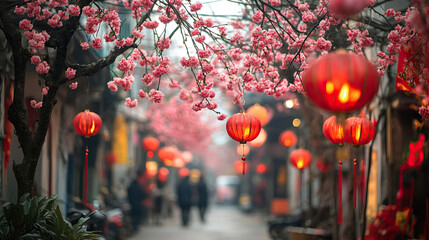 Street in Hanoi filled with peach blossoms and red decorations for Tet New Year celebration