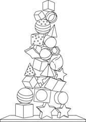 Stack of Various Geometric Shapes Including Cubes, Spheres, Cones, and Stars, Forming a Tall, Playful Structure, Ideal for Educational and Creative Coloring Pages