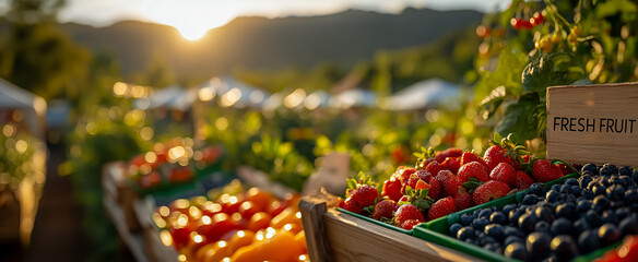 Fresh fruits being sold at a vibrant farmers market during sunset