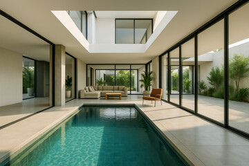 Contemporary indoor pool design with modern seating and large windows