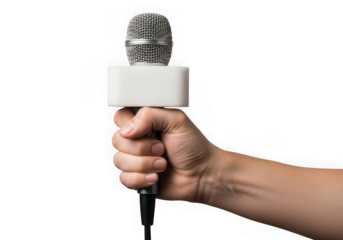Hand holding a microphone a white logo box, isolated on transparent background