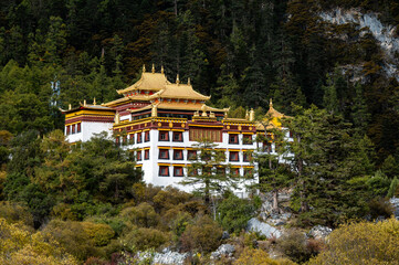 A temple in high Mountain Forest, Chonggu Temple in Daocheng Yading Scenic Area, Sichuan, China