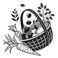 A delightful black and white illustration features a harvest basket brimming with fresh produce, a celebration of natures bounty and seasonal flavors