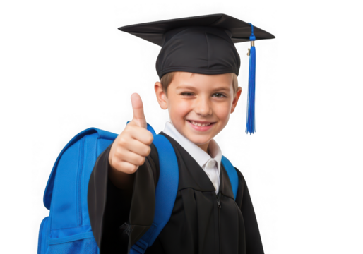Happy young boy in graduation cap gown backpack giving thumbs up, isolated on transparent background