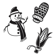 Delightful snowman with a hat and scarf, a mitten with a pattern, and corn, capturing the essence of winter and harvest season