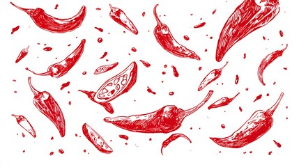 Several red chili peppers are scattered and flying with splashes against a clean white background in a hand drawn style.