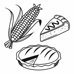 Illustration featuring corn, pie, and pie slice, , showcasing a delightful harvest theme with a touch of sweetness and autumnal charm in a simple design