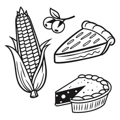 A delightful black and white illustration showcasing the essence of thanksgiving, featuring a bountiful corn on the cob, sweet cherries, and tempting slices of pumpkin and apple pie