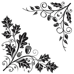 Oak leaf and acorn corner design decorative element with swirling vines and detailed acorns, perfect for adding a touch of nature to invitations and crafts © Alone
