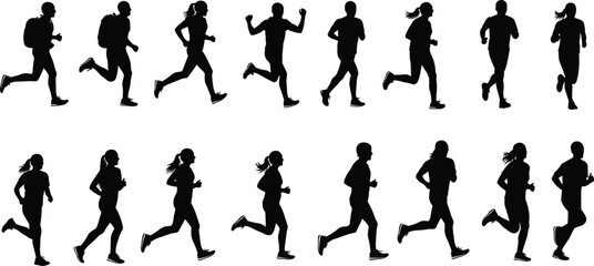 Running people silhouettes, athletic motion, jogging stride, dynamic movement, sports activity, fitness gesture, backpack runners, flat vector illustration