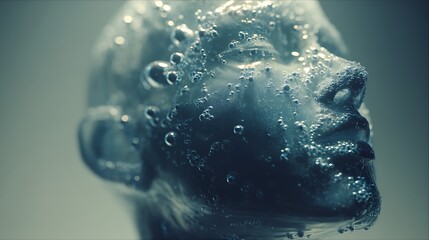 soft surreal composition of transparent head with bubbles flowing gently like stream, conceptual art of mindfulness, calm ambient light, high detail cinematic depth, 