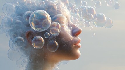 transparent human head releasing floating thought bubbles into air, meditation calm, minimalist conceptual art, pastel soft background, cinematic lighting, 32K detail, smooth gradients, Adobe 