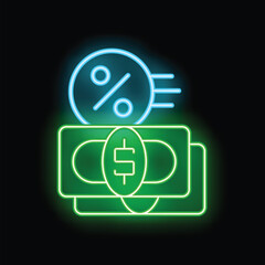 Fast percentage money transfer with dollar banknotes represented by a glowing neon sign