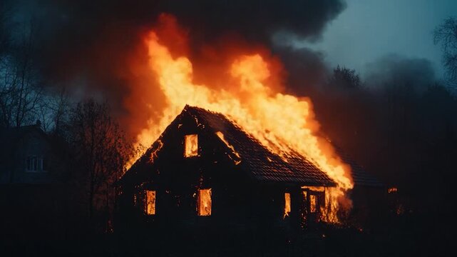 A burning house in the dark of night