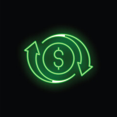 Green neon sign representing money circulation with rotating arrows surrounding a dollar sign, on a black background