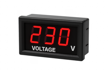 Digital voltmeter panel measuring voltage on transparent background