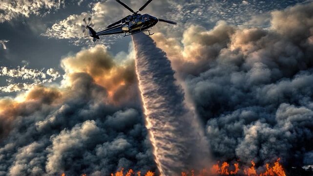 Aerial firefighting, helicopter drops water on wildfire, suppressing flames