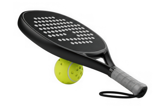 Black padel tennis racket a yellow ball, isolated on transparent background