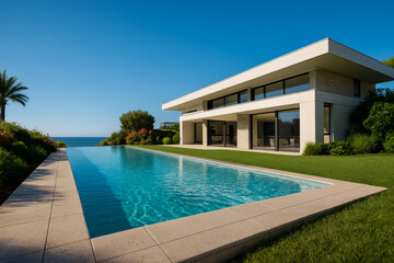 Modern luxury villa with pool and ocean view in sunlight