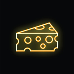 Yellow neon sign depicting a triangular slice of swiss cheese, emitting a warm, inviting glow against a dark backdrop