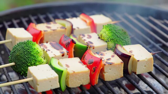 Grilled skewers of tofu and vegetables on grill with smoke, for recipe or healthy eating