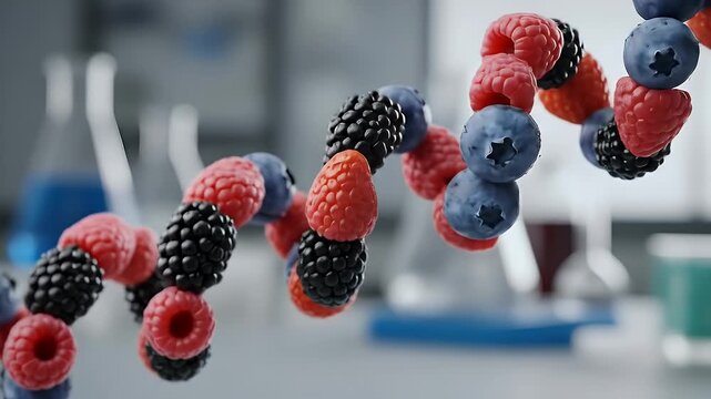 Healthy DNA Helix Structure Made of Fresh Berries Raspberries Blueberries Blackberries Strawberries in a Science Laboratory with Blurred Glassware