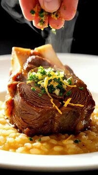 Hand Sprinkles Gremolata on Steaming Osso Buco with Risotto