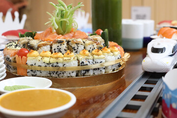 Creative Sushi Platter Presentation with Toy Train.