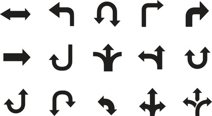 Collection of diverse black directional arrows showing various paths and navigation options