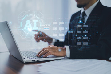 Businessman uses AI technology to support business growth by improving decision-making, automating processes, and enhancing overall operational efficiency