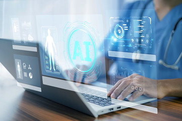 Doctor using AI-powered health data dashboard to monitor patient analytics, medical statistics, and clinical decision support in real time.