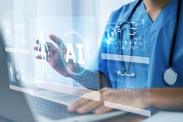 Doctor using AI technology to analyze patient health data, enabling faster diagnosis, personalized...