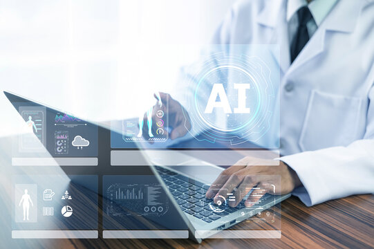 Doctor using AI-powered health data dashboard to monitor patient analytics, medical statistics, and clinical decision support in real time.