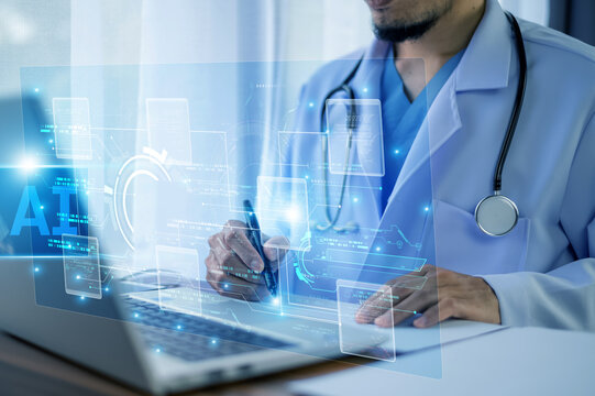 Doctor interacting with AI automation tools on a laptop to streamline clinical workflow and enhance decision-making in healthcare