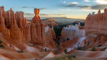Scenic view of Bryce Canyon rock formations at sunrise with beautiful landscape
