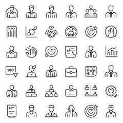 Editable Business & Corporate Line Icons, Minimalist Stroke Symbols of Leadership, Teamwork, Communication, Goals, Data Analysis, and Organizational Strategy