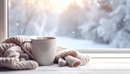 雪の日の窓辺とホットドリンク — 季節のぬくもりと癒しが広がる冬の風景