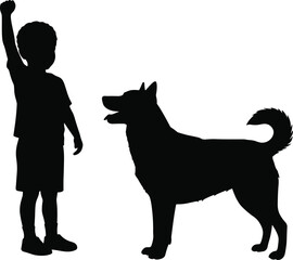 Child and dog, silhouette interaction, raised arm, black and white, communication, play, companionship, gesture, minimal design, outdoor moment, pet