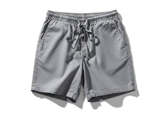 A pair of light grey casual shorts with an elastic drawstring waistband and front pockets displayed flat on a white surface