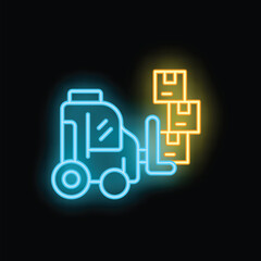 Neon forklift truck lifting cardboard boxes glowing in blue and yellow on black background