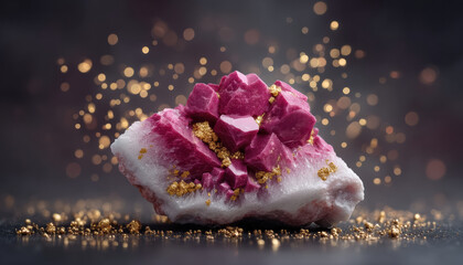 Pink crystal cluster white matrix with gold flecks, sparkling mineral specimen glowing with warm