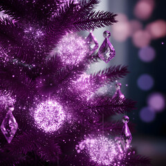 Close-up of a purple Christmas tree decorated with sparkling fairy lights and elegant crystal ornaments.