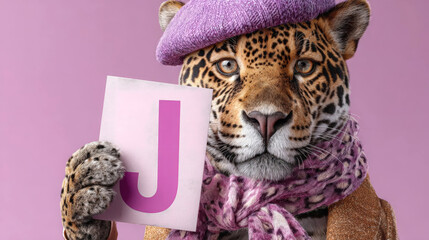 A stylish tiger wearing a purple beret and scarf holds a card with the letter J. The background is a soft pink, creating a playful atmosphere.