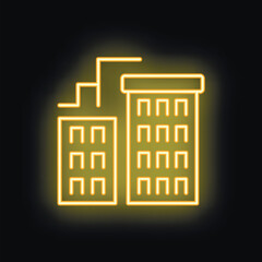 Neon sign showing two buildings with windows at night, suitable for nightlife, city and architecture concepts