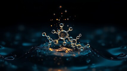 submicroscopic. A single, complex, glowing molecule emerges from a dark, primordial aqueous solution, symbolizing the spark of life. STEM education sheets.