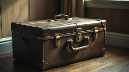 overstuffed. An overstuffed leather suitcase with straining clasps on a wooden floor. lifestyle magazines, social media lookbooks, designed for lifestyle magazines and social media content.
