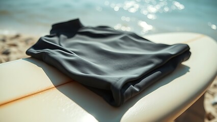 rashguard. Rolled-up rashguard resting on a surfboard at the beach in sunlight. event key visuals, club posters, designed for fitness apps and gym onboarding, used by fitness trainers.