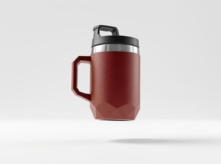 Modern red insulated travel mug with textured surface and black lid floating on a white background