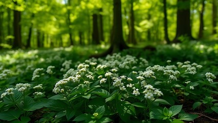 woodruff. Woodruff plants with clusters of small white flowers growing in forest shade. gardening catalogs, home-decor guides, designed for home decor and floral branding.