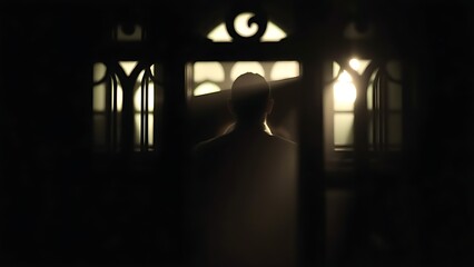 kneeler. A dimly lit confessional booth with a silhouette visible through the lattice. event programs, museum guides, designed for cultural heritage projects and event programs.